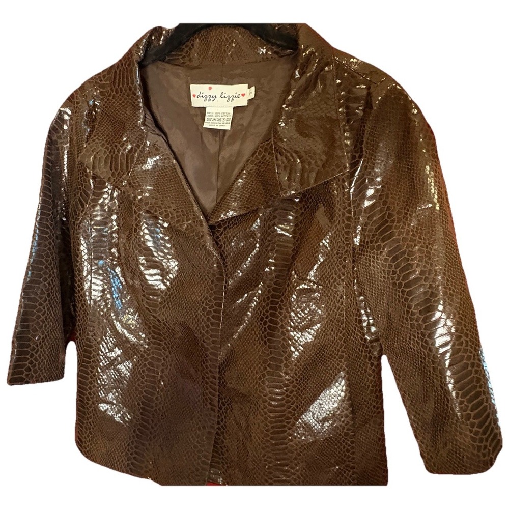 DIZZY LIZZIE Faux Leather Jacket Brown Snakeskin Crop Swing Coat Sz S, CB#34